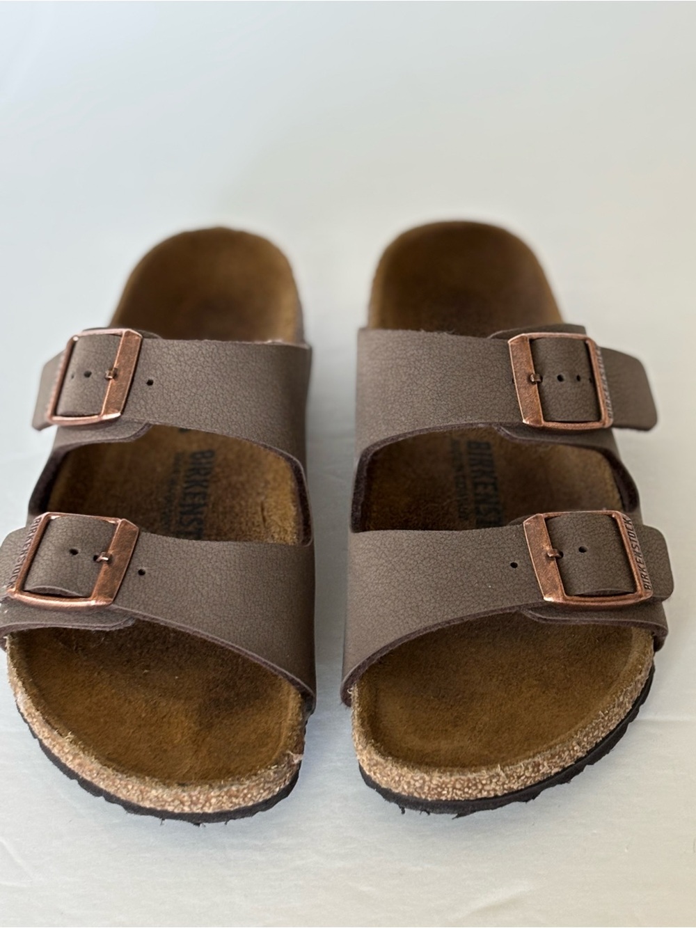 Birkenstock, Authentic;  Brown Double-Strap Slide Sandals with Copper Buckles